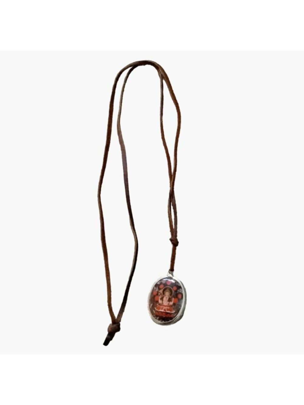 Buddhist Amulet Necklace Brown Leather Cord Silver Tone Pendant Spiritual VTG - Picture 2 of 5
